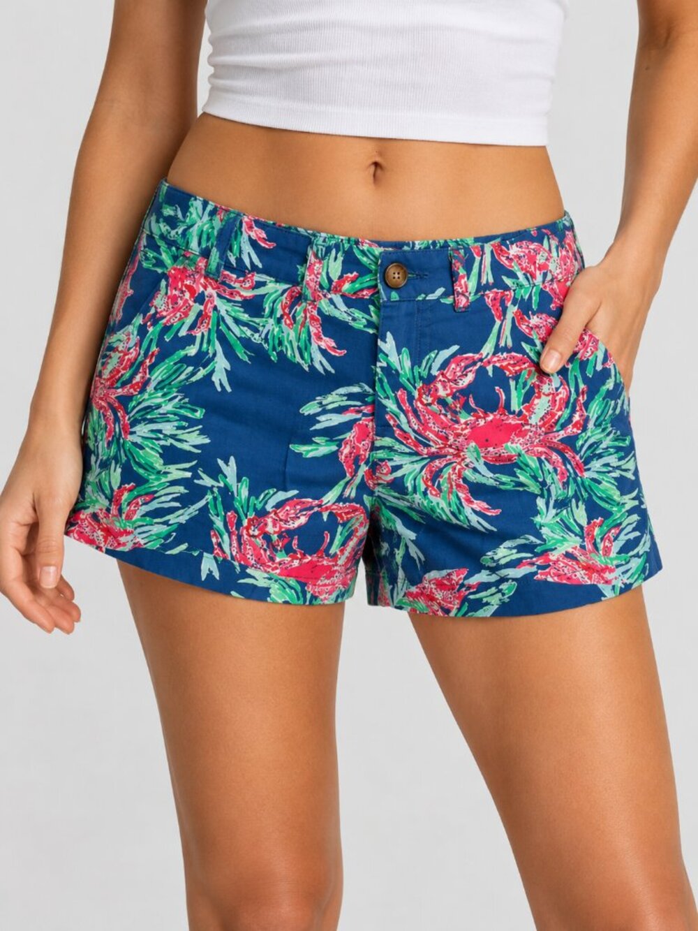 Chubbies Women's Blue Floral Crab-Print Cotton Chino Shorts Size 8 40196 - Picture 1 of 12